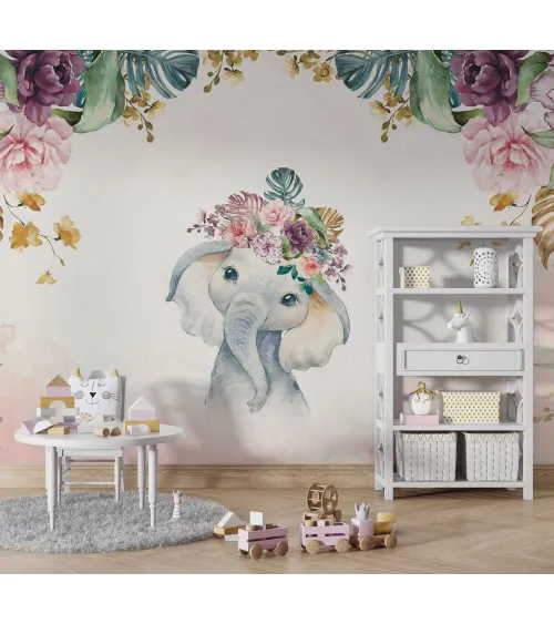 Floral Elephant – Cute Baby Elephant Wallpaper for Kids | Art Vision Decor