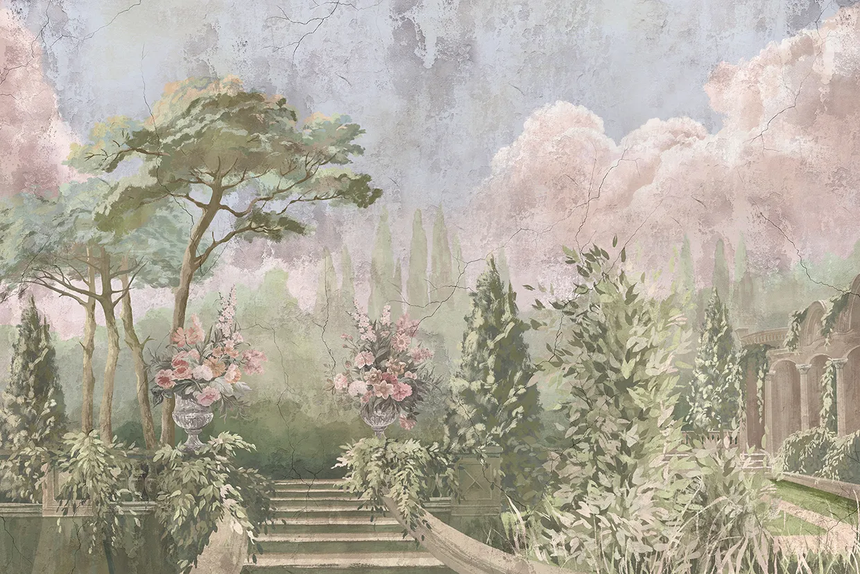 Tuscan Dawn – Panoramic Wallpaper with a Tuscan Garden View | ART VISION DECOR