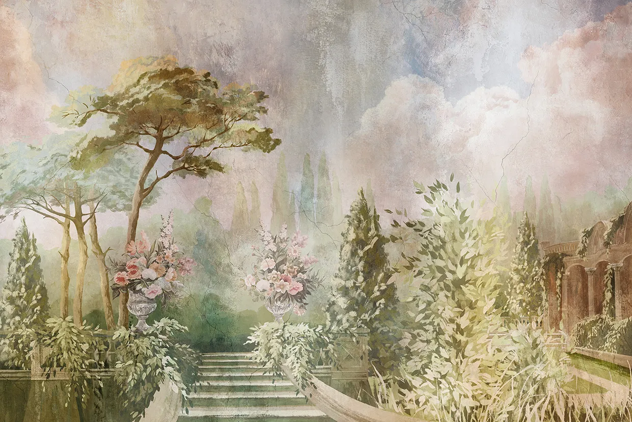 Tuscan Dawn – Panoramic Wallpaper with a Tuscan Garden View | ART VISION DECOR