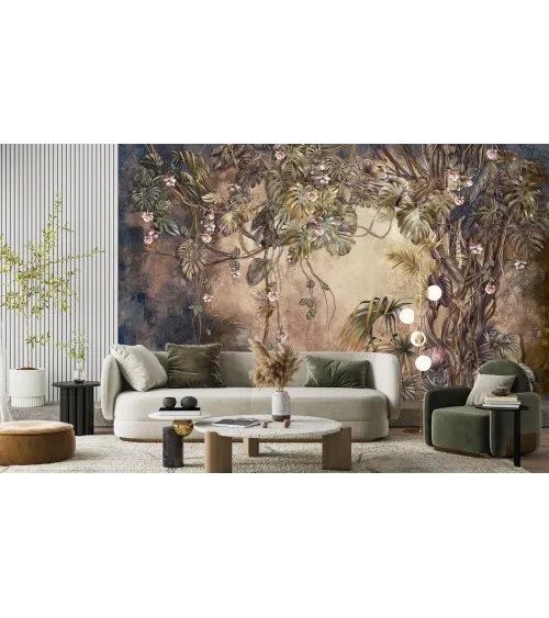 Tropical Silence: Wallpaper with Enigmatic Tropical Undergrowth and a Cheetah on a Liana