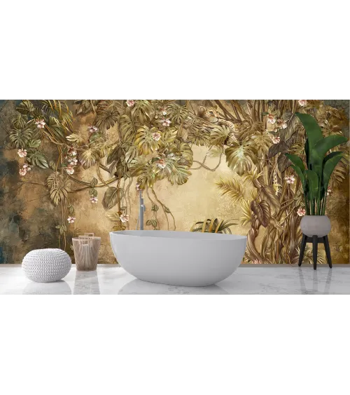 Tropical Silence: Wallpaper with Enigmatic Tropical Undergrowth and a Cheetah on a Liana