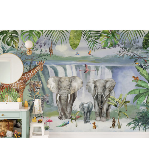 Waterfall Kids' Wallpaper – Magical Animal Design for Children's Rooms